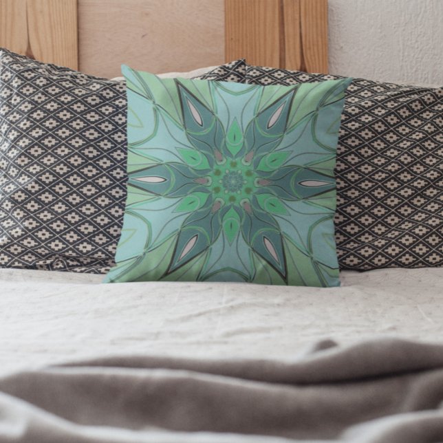 Tecknad Mandala Flower Blue och Grönt Kudde (Skapare uppladdad)