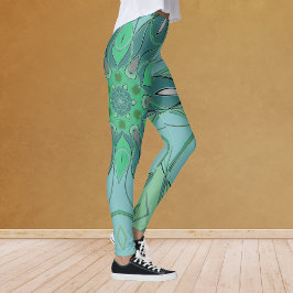 Tecknad Mandala Flower Blue och Grönt Leggings