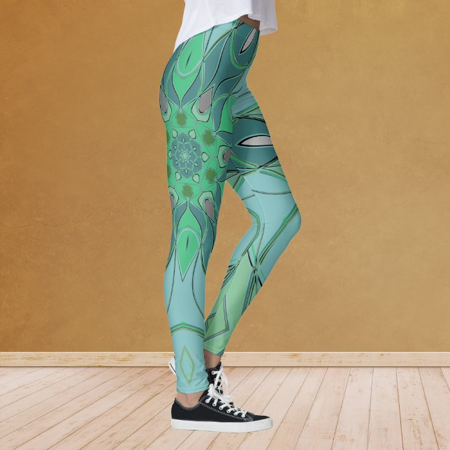 Tecknad Mandala Flower Blue och Grönt Leggings (Skapare uppladdad)