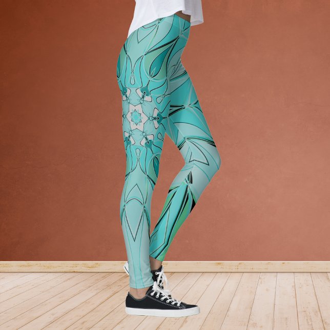 Tecknad Mandala Flower Blue och Grönt Leggings (Skapare uppladdad)