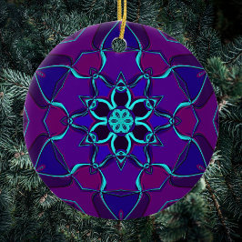 Tecknad Mandala Flower Blue och Lila Julgransprydnad Keramik