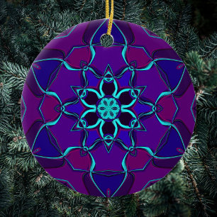 Tecknad Mandala Flower Blue och Lila Julgransprydnad Keramik