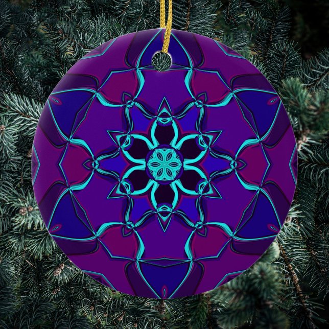 Tecknad Mandala Flower Blue och Lila Julgransprydnad Keramik (Skapare uppladdad)