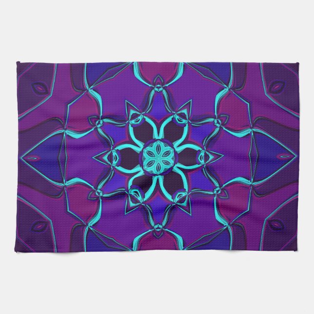 Tecknad Mandala Flower Blue och Lila Kökshandduk (Horisontell)