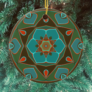 Tecknad Mandala Flower Blue och Orange Julgransprydnad Keramik