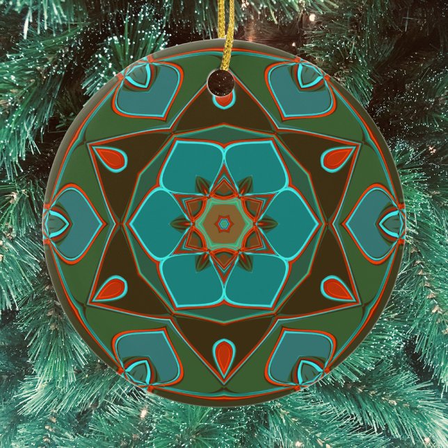 Tecknad Mandala Flower Blue och Orange Julgransprydnad Keramik (Skapare uppladdad)