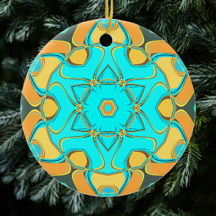 Tecknad Mandala Flower Blue och Orange Julgransprydnad Keramik