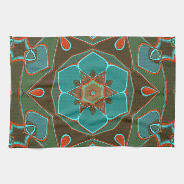 Tecknad Mandala Flower Blue och Orange Kökshandduk (Horisontell)