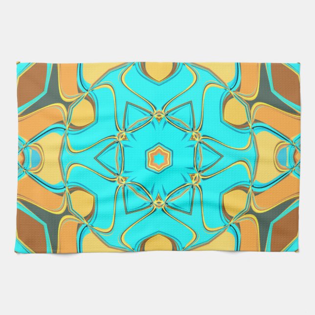 Tecknad Mandala Flower Blue och Orange Kökshandduk (Horisontell)