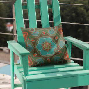 Tecknad Mandala Flower Blue och Orange Kudde