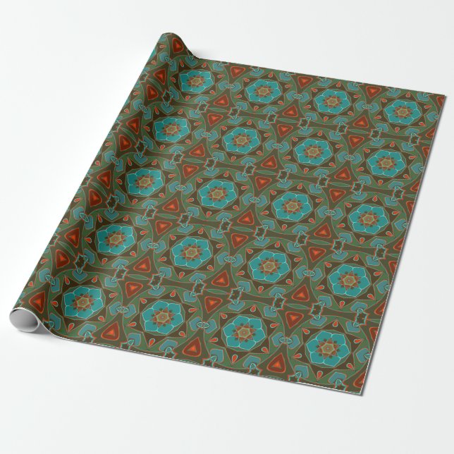 Tecknad Mandala Flower Blue och Orange Presentpapper (Utrullad)