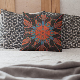 Tecknad Mandala Flower Blue Orange and Black Kudde