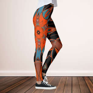Tecknad Mandala Flower Blue Orange and Black Leggings