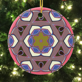 Tecknad Mandala Flower Blue Rosa and Gult Julgransprydnad Keramik