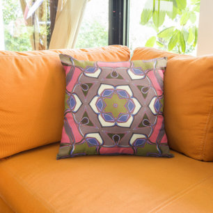 Tecknad Mandala Flower Blue Rosa and Gult Kudde