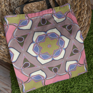 Tecknad Mandala Flower Blue Rosa and Gult Tote B Tygkasse