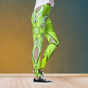 Tecknad Mandala Flower Grönt and Rosa Leggings