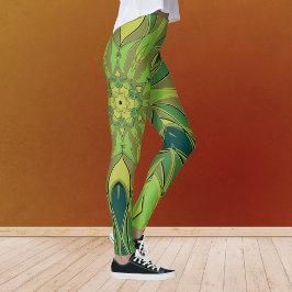 Tecknad Mandala Flower Grönt Gult och Blue Leggings