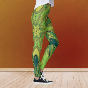 Tecknad Mandala Flower Grönt Gult och Blue Leggings