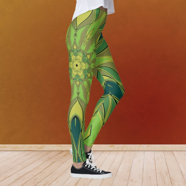 Tecknad Mandala Flower Grönt Gult och Blue Leggings (Skapare uppladdad)