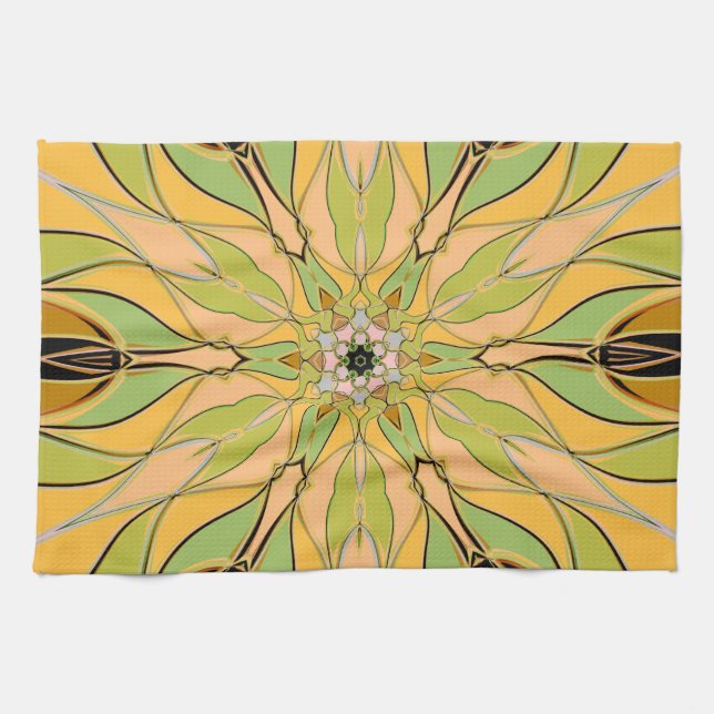 Tecknad Mandala Flower Grönt Gult och Orange Kökshandduk (Horisontell)