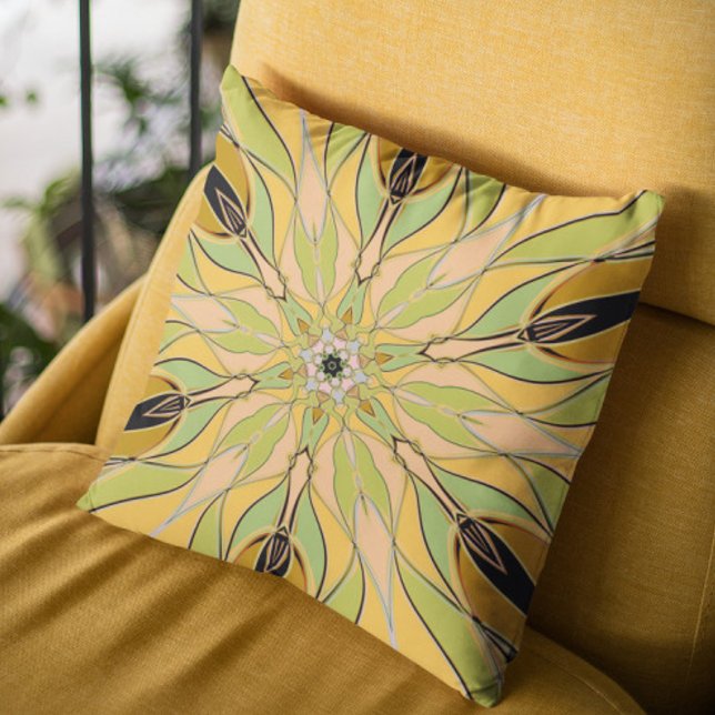 Tecknad Mandala Flower Grönt Gult och Orange Kudde (Skapare uppladdad)