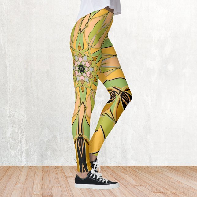 Tecknad Mandala Flower Grönt Gult och Orange Leggings (Skapare uppladdad)