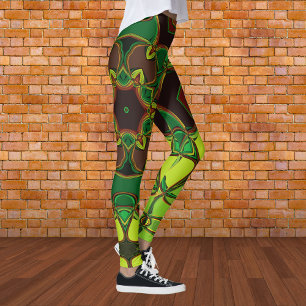 Tecknad Mandala Flower Grönt Gult och Orange Leggings