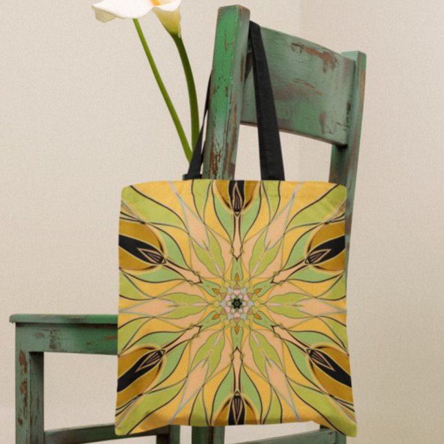 Tecknad Mandala Flower Grönt Gult och Orange Tygkasse (Skapare uppladdad)