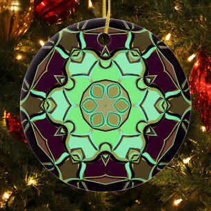 Tecknad Mandala Flower Grönt Lila and Black Julgransprydnad Keramik