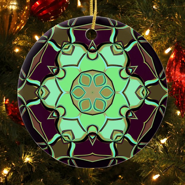Tecknad Mandala Flower Grönt Lila and Black Julgransprydnad Keramik (Skapare uppladdad)