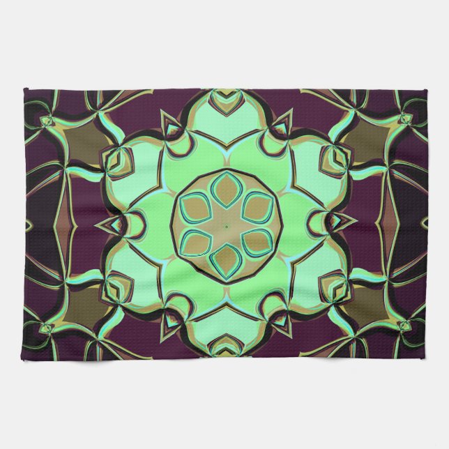 Tecknad Mandala Flower Grönt Lila and Black Kökshandduk (Horisontell)