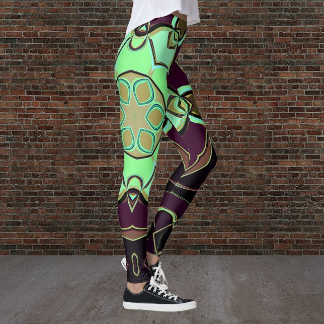 Tecknad Mandala Flower Grönt Lila and Black Leggings (Skapare uppladdad)
