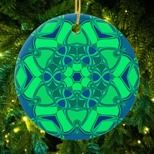 Tecknad Mandala Flower Grönt och Blue Julgransprydnad Keramik (Skapare uppladdad)