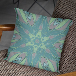 Tecknad Mandala Flower Grönt och Blue Kudde