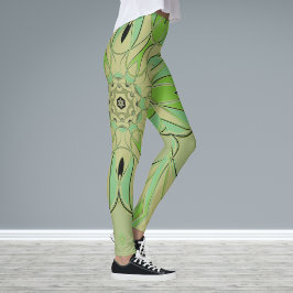 Tecknad Mandala Flower Grönt och Blue Leggings
