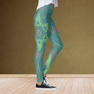 Tecknad Mandala Flower Grönt och Blue Leggings
