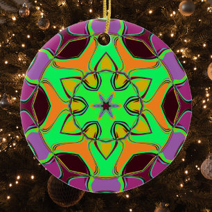 Tecknad Mandala Flower Grönt Orange och Lila Julgransprydnad Keramik