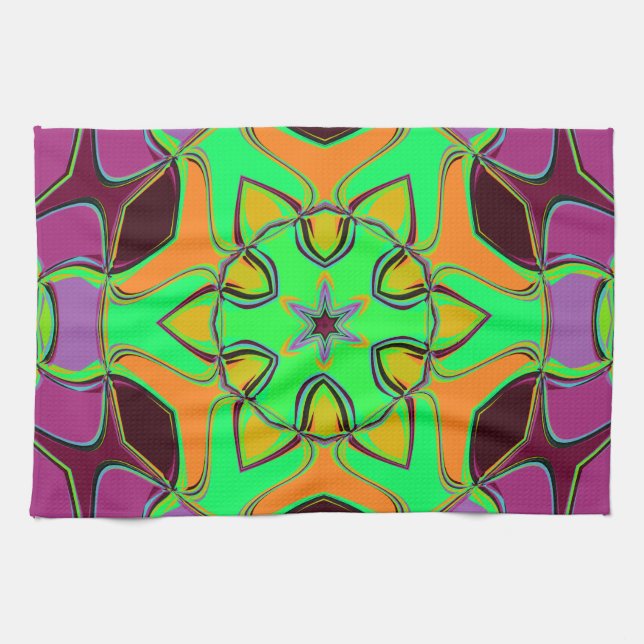 Tecknad Mandala Flower Grönt Orange och Lila Kökshandduk (Horisontell)