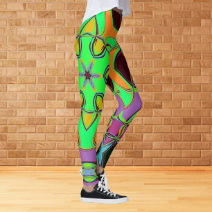 Tecknad Mandala Flower Grönt Orange och Lila Leggings