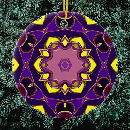Tecknad Mandala Flower Gult and Lila Julgransprydnad Keramik