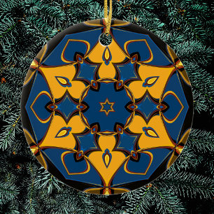 Tecknad Mandala Flower Gult Blue och Orange Julgransprydnad Keramik