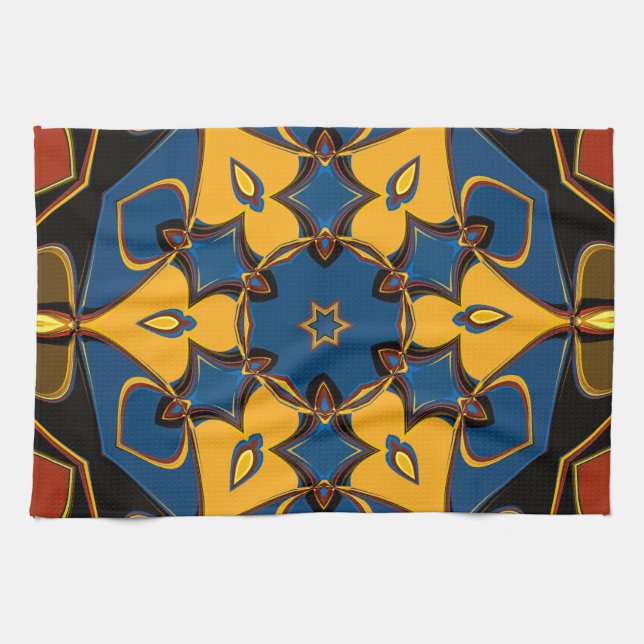 Tecknad Mandala Flower Gult Blue och Orange Kökshandduk (Horisontell)