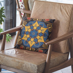 Tecknad Mandala Flower Gult Blue och Orange Kudde