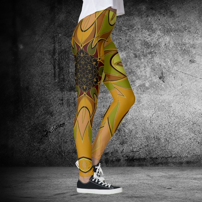 Tecknad Mandala Flower Gult och Grönt Leggings (Skapare uppladdad)