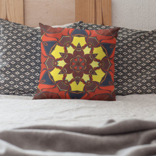 Tecknad Mandala Flower Gult Orange och Blue Kudde