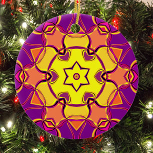 Tecknad Mandala Flower Gult Orange och Rosa Julgransprydnad Keramik