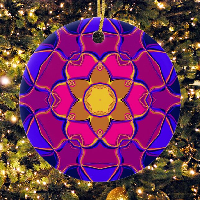 Tecknad Mandala Flower Gult Rosa and Blue Julgransprydnad Keramik (Skapare uppladdad)