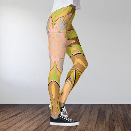 Tecknad Mandala Flower Orange Grönt och Blue Leggings