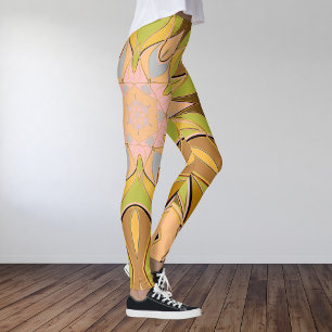 Tecknad Mandala Flower Orange Grönt och Blue Leggings